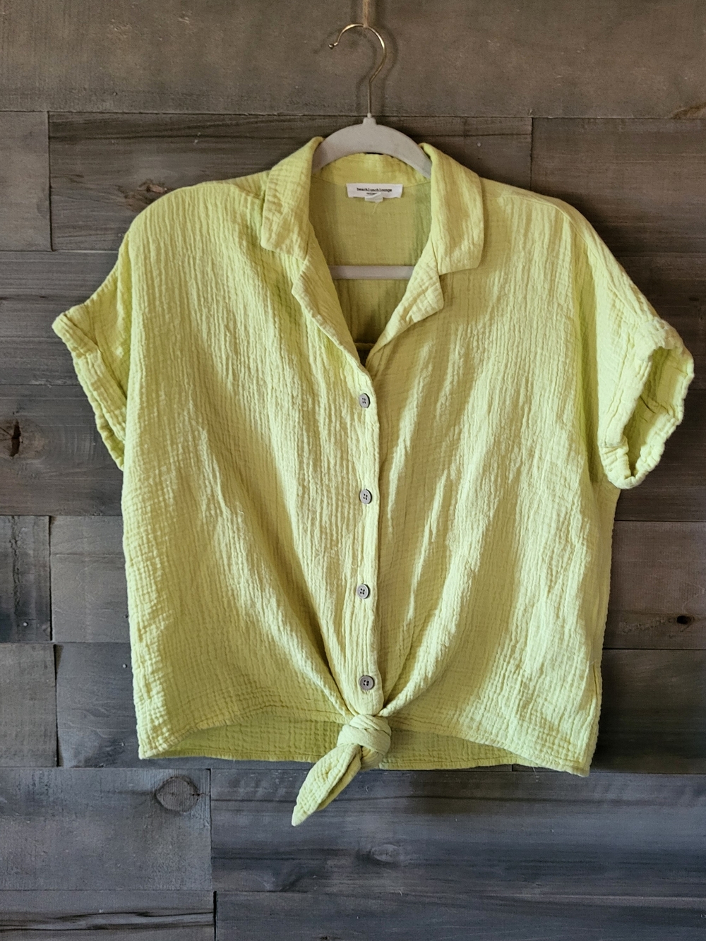 100% Cotton Coastal Tie-Hem Yellow Beachy, Momcore Women's Top Size M